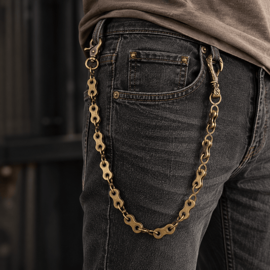 THE MEN THING Biker Fashion MECHLINK - Antique Gold 12mm Titanium Steel Skull Heavy Biker Chain for Jeans with Lobster Clasps for Men & Boys - 20 inch