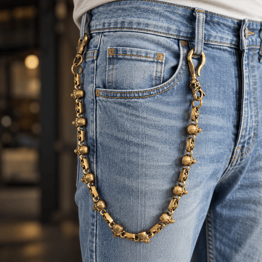 THE MEN THING Biker Fashion NEX SKULL - Antique Gold 23mm Titanium Steel Skull Heavy Biker Chain for Jeans with Lobster Clasps for Men & Boys - 20 inch