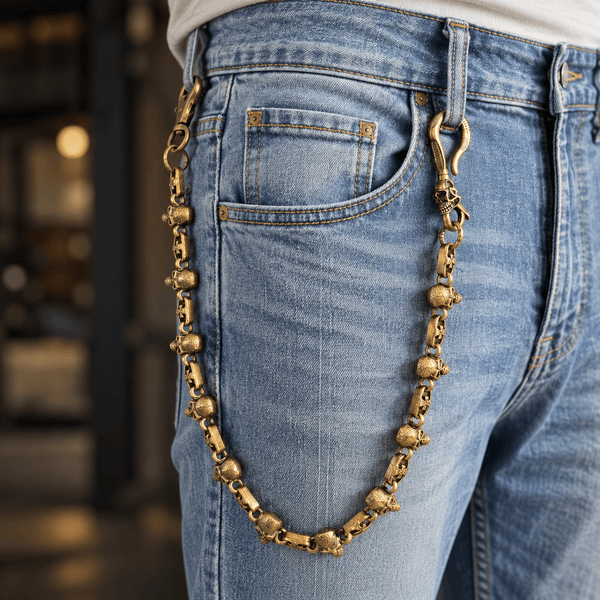 NEX SKULL - Antique Gold 23mm Titanium Steel Skull Heavy Biker Chain for Jeans with Lobster Clasps for Men & Boys - 20 inch