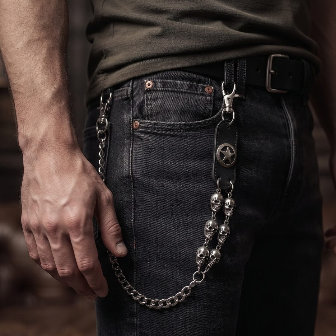 THE MEN THING Biker Fashion SKULL BADGE - Antique Steel 12mm Titanium Steel Heavy Biker Chain for Jeans with Lobster Clasps for Men & Boys - 29 inch