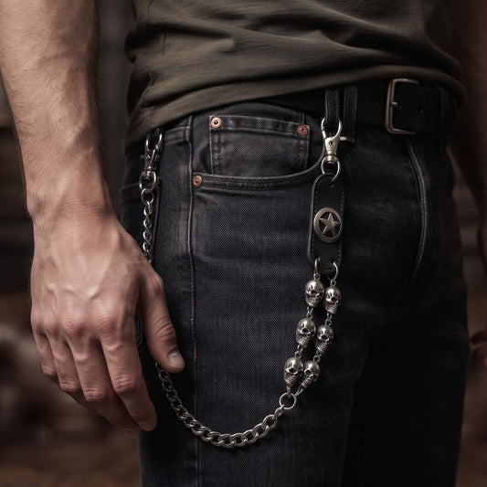 THE MEN THING Biker Fashion SKULL BADGE - Antique Steel 12mm Titanium Steel Heavy Biker Chain for Jeans with Lobster Clasps for Men & Boys - 29 inch