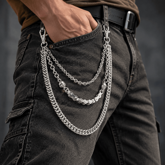 THE MEN THING Biker Fashion SKULL BIKE LINK CHAIN - 3pcs Alloy Multi-Layer Wallet Biker Chain For Jeans with Lobster Clasps for Men & Boys - "20.5" inch