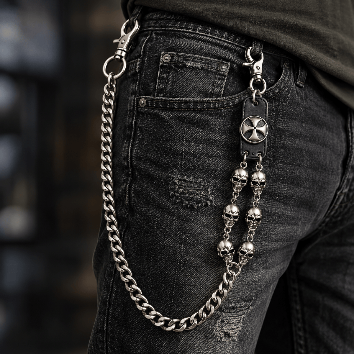 THE MEN THING Biker Fashion SKULL CROSS WAIST CHAIN - Alloy Long Wallet Biker Chain For Jeans  with Lobster Clasps for Men & Boys - "28"inch