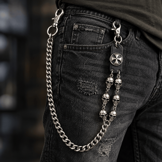 THE MEN THING Biker Fashion SKULL CROSS WAIST CHAIN - Alloy Long Wallet Biker Chain For Jeans  with Lobster Clasps for Men & Boys - "28"inch
