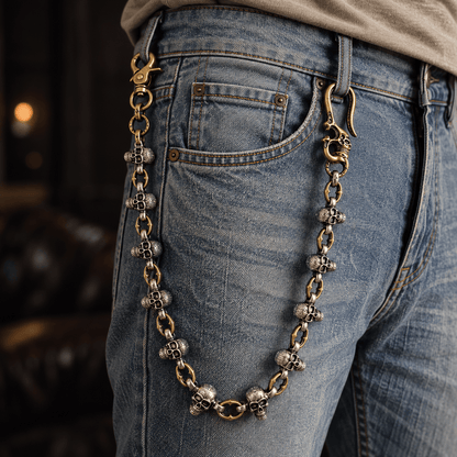 THE MEN THING Biker Fashion SKULL FORGE - Antique Steel Gold 14mm Titanium Steel Skull Heavy Biker Chain for Jeans with Lobster Clasps for Men & Boys - 20 inch
