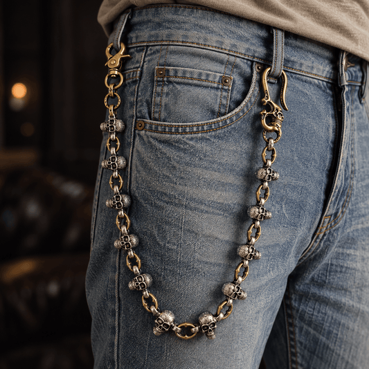 THE MEN THING Biker Fashion SKULL FORGE - Antique Steel Gold 14mm Titanium Steel Skull Heavy Biker Chain for Jeans with Lobster Clasps for Men & Boys - 20 inch