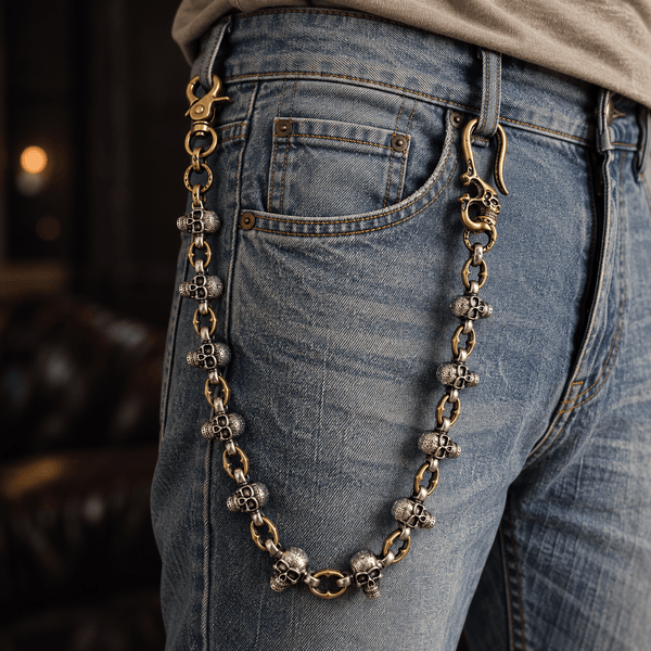 SKULL FORGE - Antique Steel Gold 14mm Titanium Steel Skull Heavy Biker Chain for Jeans with Lobster Clasps for Men & Boys - 20 inch
