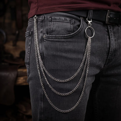 THE MEN THING Biker Fashion TRIADIC LINK CHAIN SILVER - 3pcs Alloy Multi-Layer Heavy Punk Biker Chain for Jeans with Lobster Clasps for Men & Boys - 39 inch