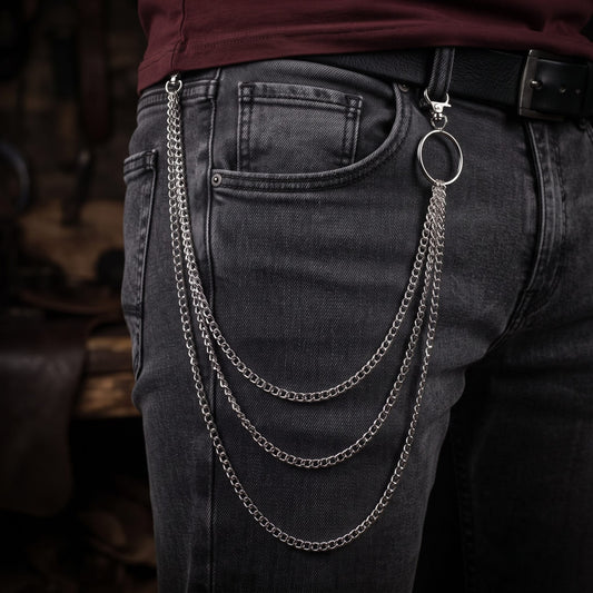 THE MEN THING Biker Fashion TRIADIC LINK CHAIN SILVER - 3pcs Alloy Multi-Layer Heavy Punk Biker Chain for Jeans with Lobster Clasps for Men & Boys - 39 inch