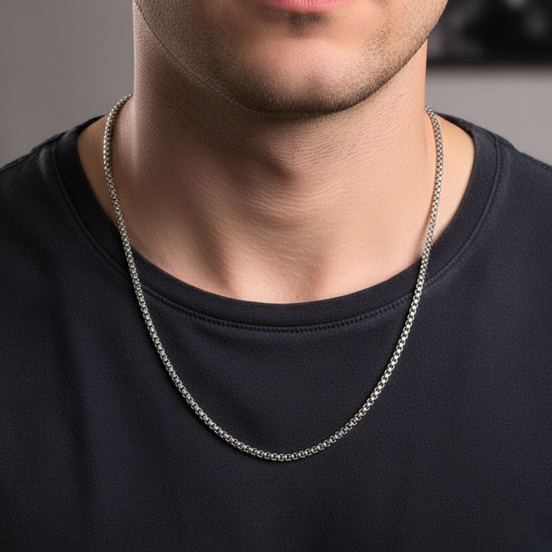 THE MEN THING Chain 18 SILVER ROUNDED BOX - 3mm Chain Stainless Steel 18" to 32" inch Necklace for Men & Boy's