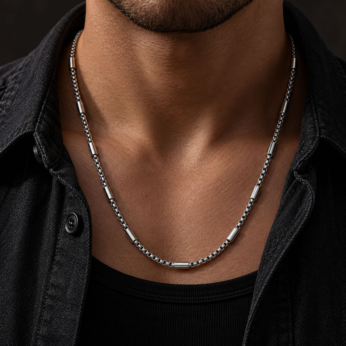 THE MEN THING Chain BARREL SPACER - 4mm Stainless Steel Round Box Chain with Lobster Clasp for Men & Boys (22 inch)