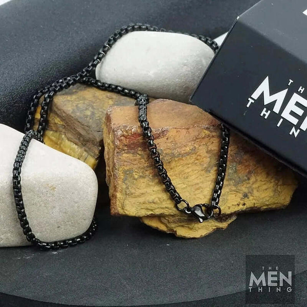 ब्लैक राउंड बॉक्स - 3 मिमी चेन स्टेनलेस स्टील 20 इंच नेकलेस पुरुषों और लड़कों के लिए