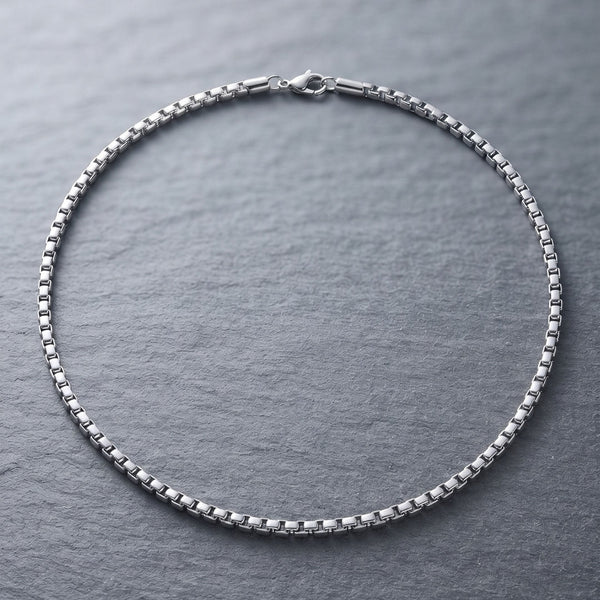 BOX LINK - 4mm Stainless Steel Box Link Chain with Lobster Clasp for Men & Boys (22 inch)