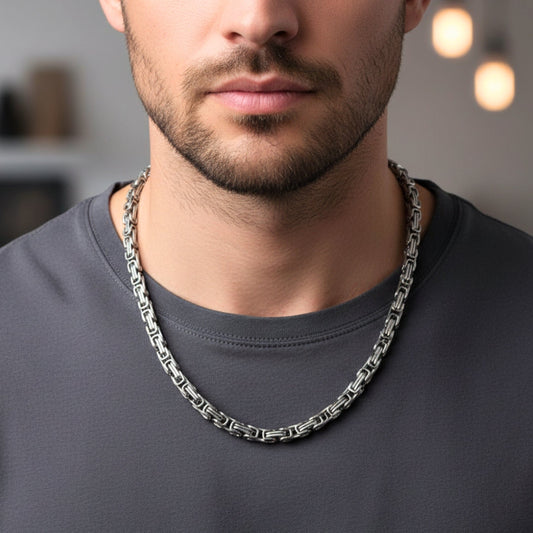 THE MEN THING Chain BYZANTINE CHAIN - 4.5mm Silver Tone Stainless Steel, 21.5inch for Men & Boys