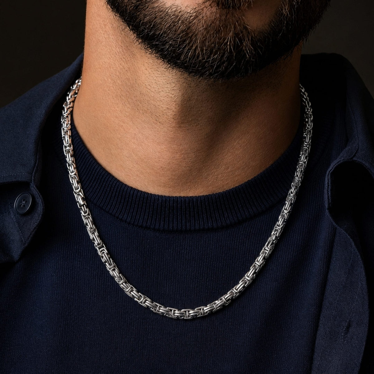 THE MEN THING Chain BYZANTINE CHAIN - 4.5mm Silver Tone Stainless Steel, 21.5inch for Men & Boys