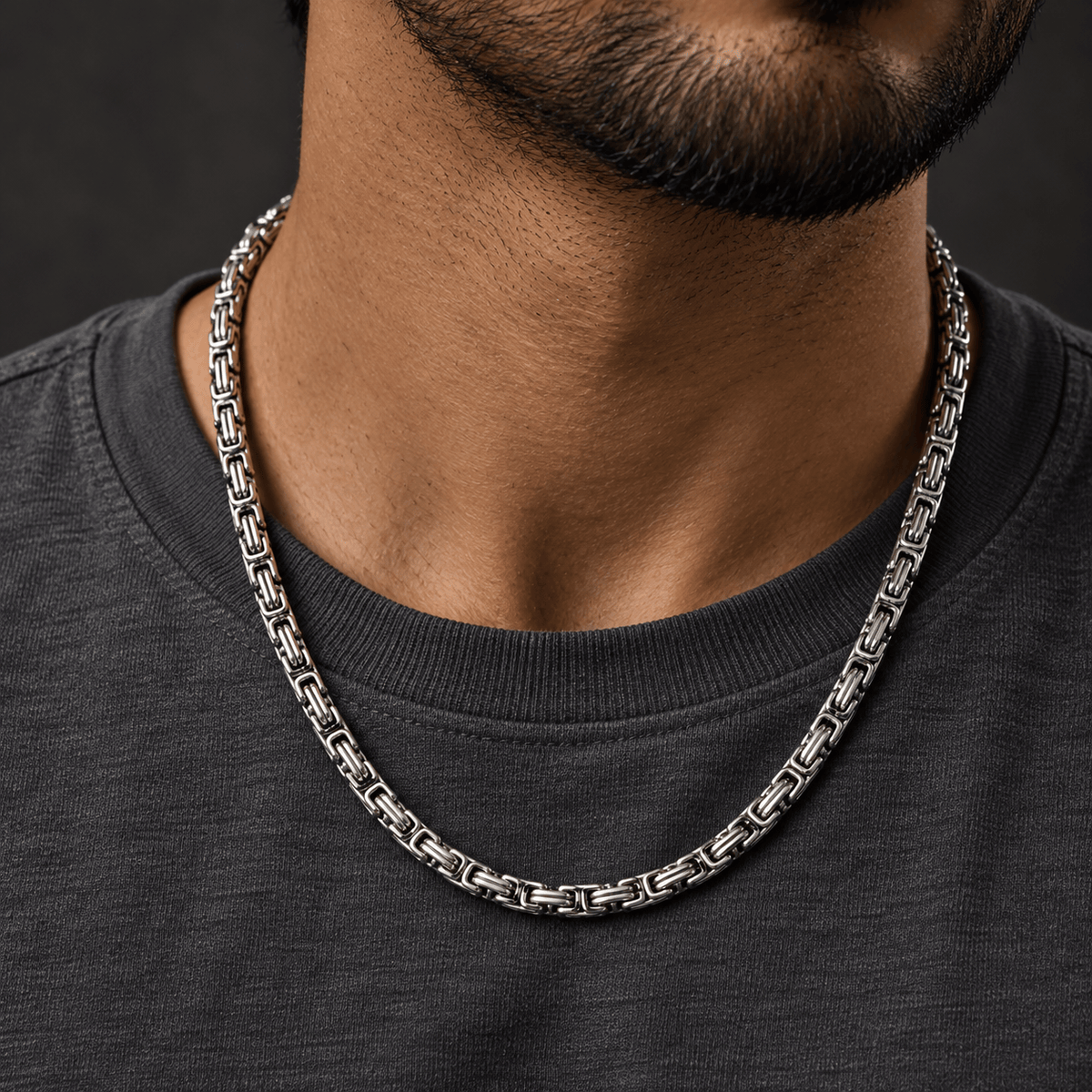 THE MEN THING Chain BYZANTINE CHAIN - 4.5mm Silver Tone Stainless Steel, 21.5inch for Men & Boys