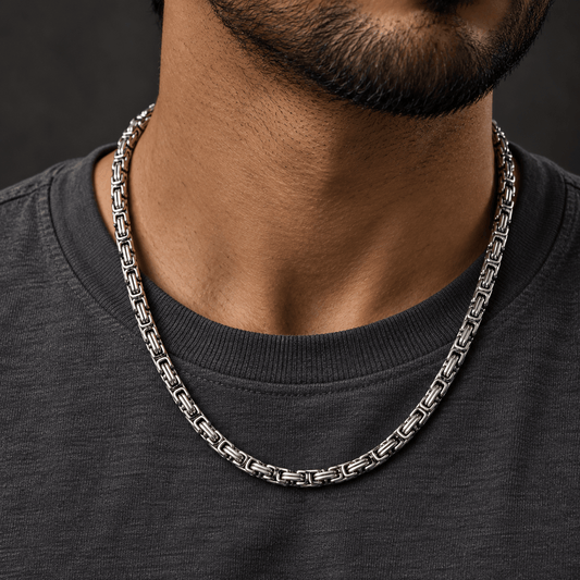 THE MEN THING Chain BYZANTINE CHAIN - 4.5mm Silver Tone Stainless Steel, 21.5inch for Men & Boys