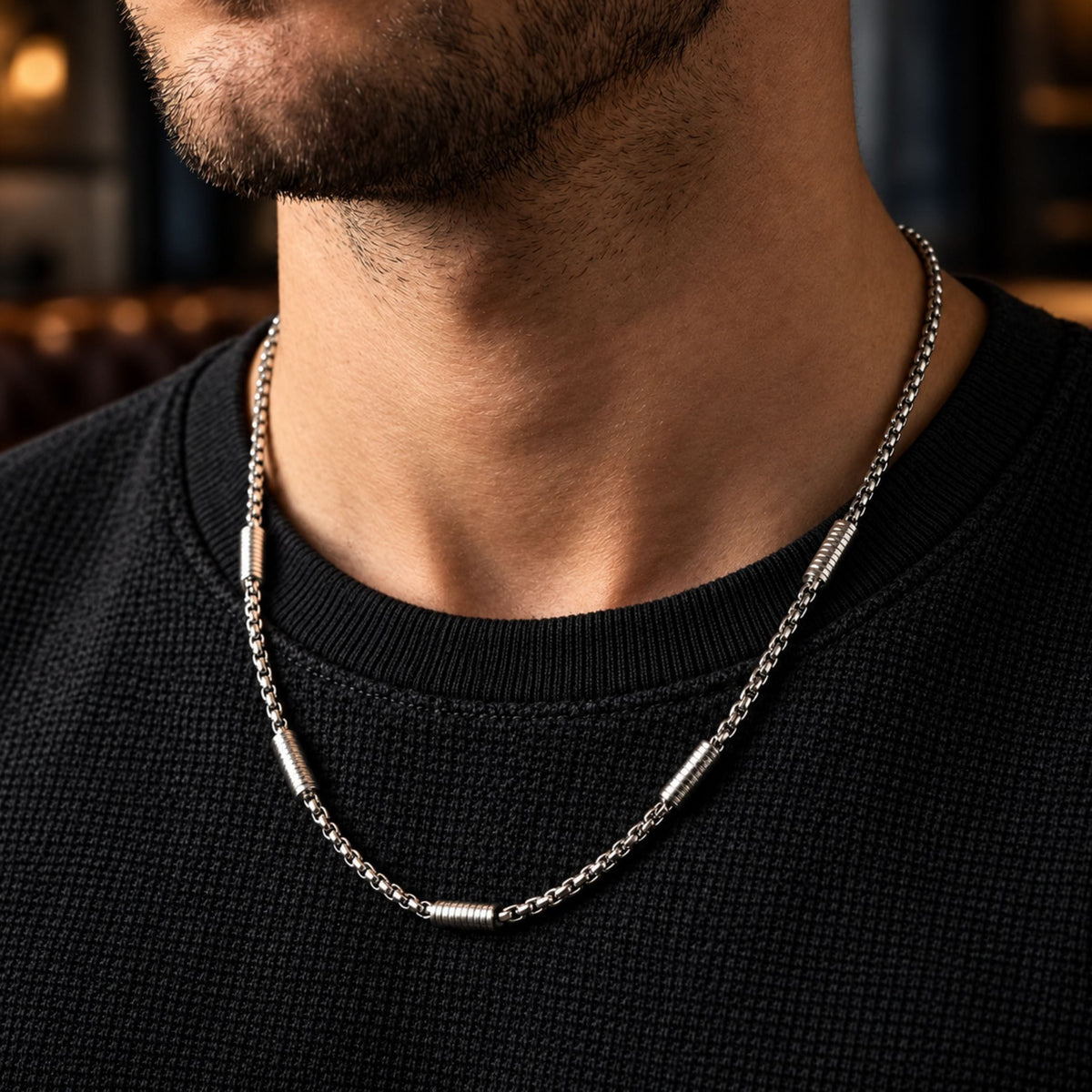 THE MEN THING Chain CYLINDER BEAD CURB - 5mm  Pure Titanium Steel 24inch Chain for Men & Boys