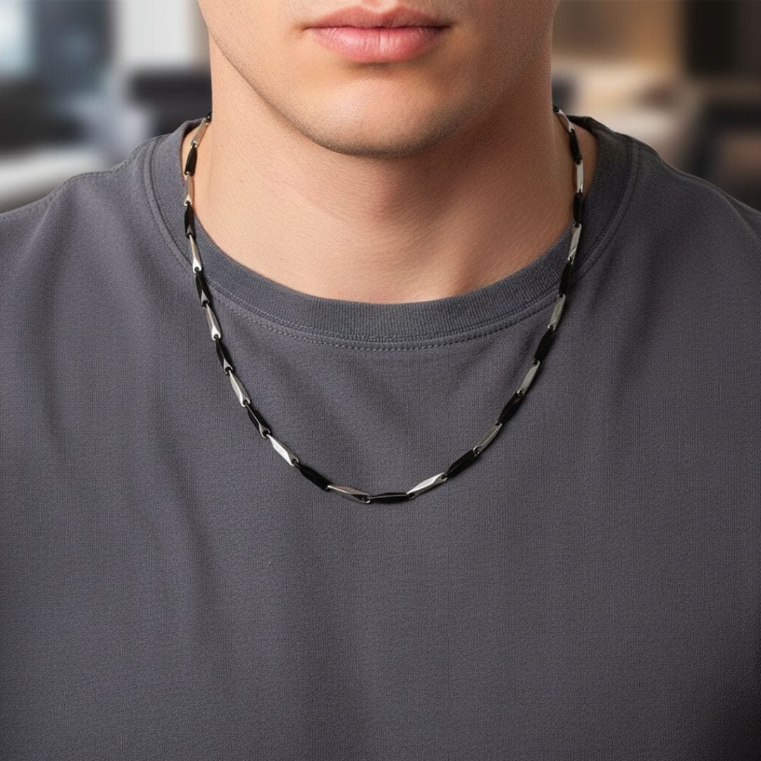THE MEN THING Chain RICE CHAIN - Black Silver Tone -  Pure Stainless Steel 24inch - European Trending Style for Men & Boy