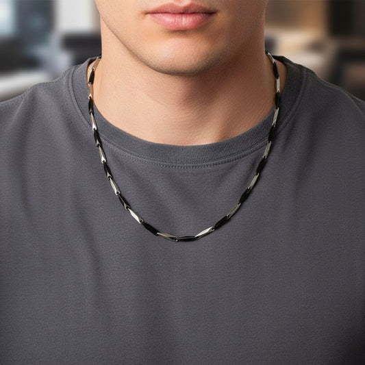 THE MEN THING Chain RICE CHAIN - Black Silver Tone -  Pure Stainless Steel 24inch - European Trending Style for Men & Boy