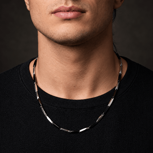 THE MEN THING Chain RICE CHAIN - Black Silver Tone -  Pure Stainless Steel 24inch - European Trending Style for Men & Boy