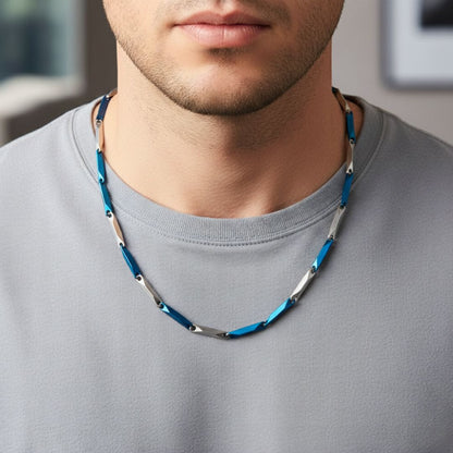 THE MEN THING Chain RICE CHAIN - Blue Silver Tone -  Pure Stainless Steel 24inch - European Trending Style for Men & Boy