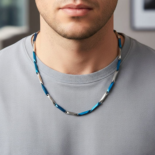 THE MEN THING Chain RICE CHAIN - Blue Silver Tone -  Pure Stainless Steel 24inch - European Trending Style for Men & Boy