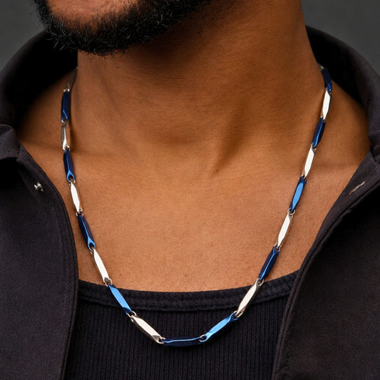 THE MEN THING Chain RICE CHAIN - Blue Silver Tone -  Pure Stainless Steel 24inch - European Trending Style for Men & Boy