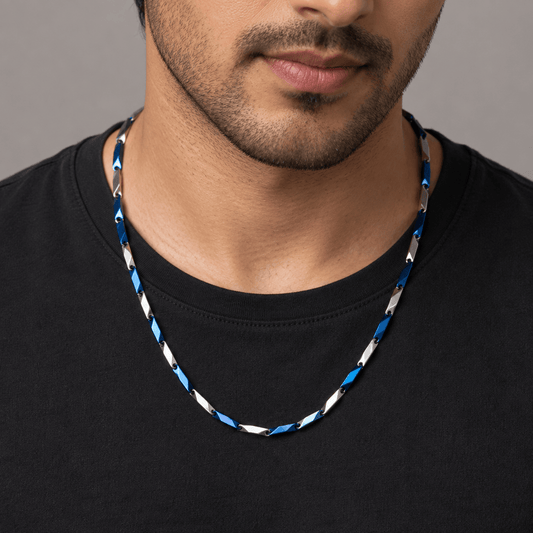 THE MEN THING Chain RICE CHAIN - Blue Silver Tone -  Pure Stainless Steel 24inch - European Trending Style for Men & Boy