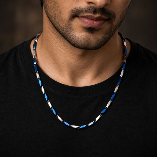 THE MEN THING Chain RICE CHAIN - Blue Silver Tone -  Pure Stainless Steel 24inch - European Trending Style for Men & Boy