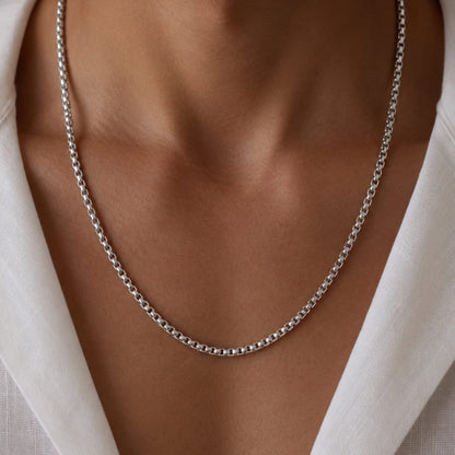 THE MEN THING Chain SILVER ROUNDED BOX - 3mm Chain Stainless Steel 18" to 32" inch Necklace for Men & Boy's