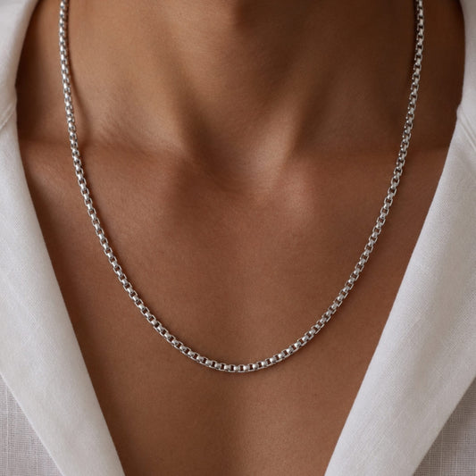 THE MEN THING Chain SILVER ROUNDED BOX - 3mm Chain Stainless Steel 18" to 32" inch Necklace for Men & Boy's