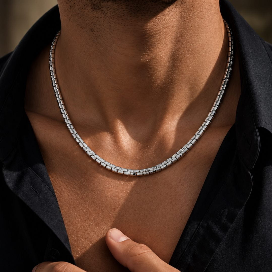 THE MEN THING Chain SQUARE LINK - 3mm Stainless Steel Textured Box Chain with Lobster Clasp for Men & Boys (22 inch)