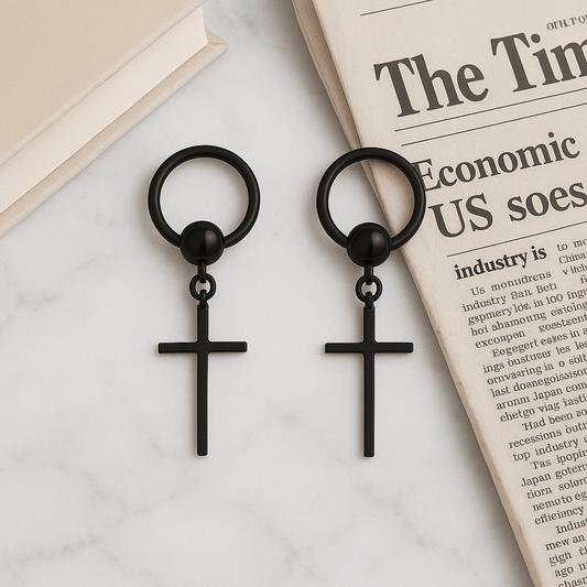 THE MEN THING Earring BLACK CRUX NOIR - Pure Titanium Steel Hoop Earrings for Men & Boys (2pcs)