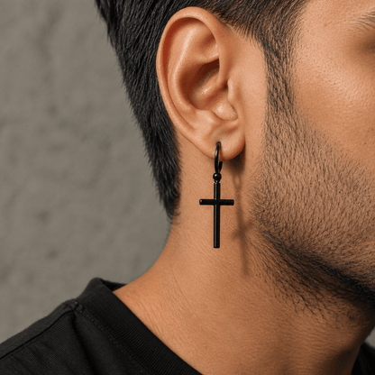 THE MEN THING Earring BLACK CRUX NOIR - Pure Titanium Steel Hoop Earrings for Men & Boys (2pcs)
