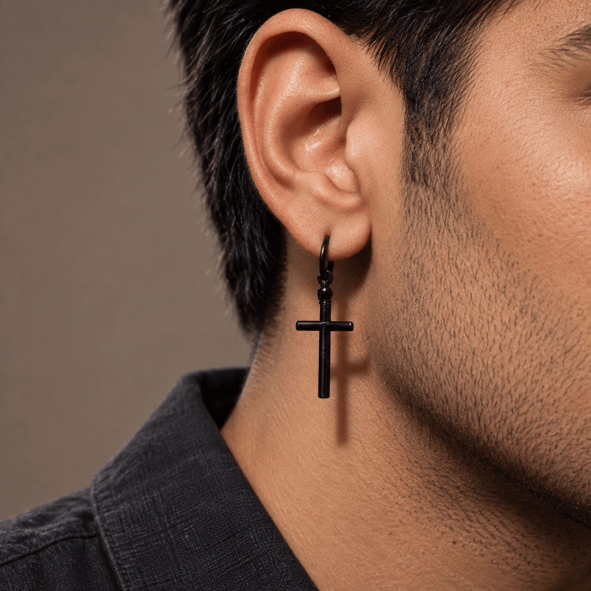 THE MEN THING Earring BLACK CRUX NOIR - Pure Titanium Steel Hoop Earrings for Men & Boys (2pcs)