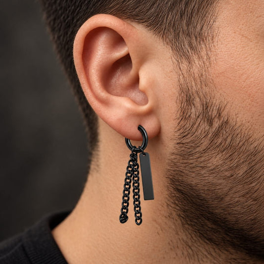 THE MEN THING Earring BLACK PRISM DROP - 7mm Pure Titanium Steel Hoop Earrings for Men & Boys (2pcs)