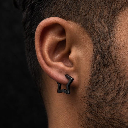 THE MEN THING Earring BLACK STARZ - Pure Titanium Steel Hoop Earrings for Men & Boys (2pcs)