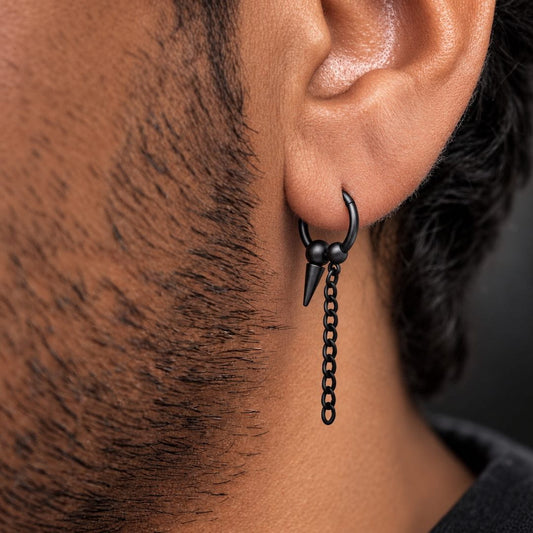 THE MEN THING Earring HEX SPIKE BLACK - Pure Titanium Steel Hoop Earrings for Men & Boys (2pcs)