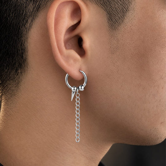 THE MEN THING Earring HEX SPIKE SILVER - Pure Titanium Steel Hoop Earrings for Men & Boys (2pcs)