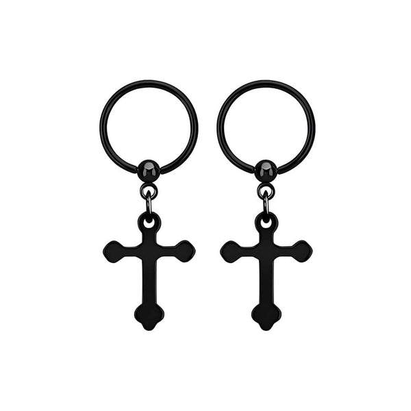 HEXED CRUCIFIX BLACK - Pure Titanium Steel Hoop Earrings for Men & Boys (2pcs)