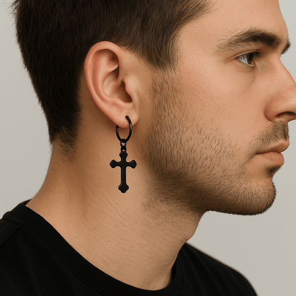 HEXED CRUCIFIX BLACK - Pure Titanium Steel Hoop Earrings for Men & Boys (2pcs)
