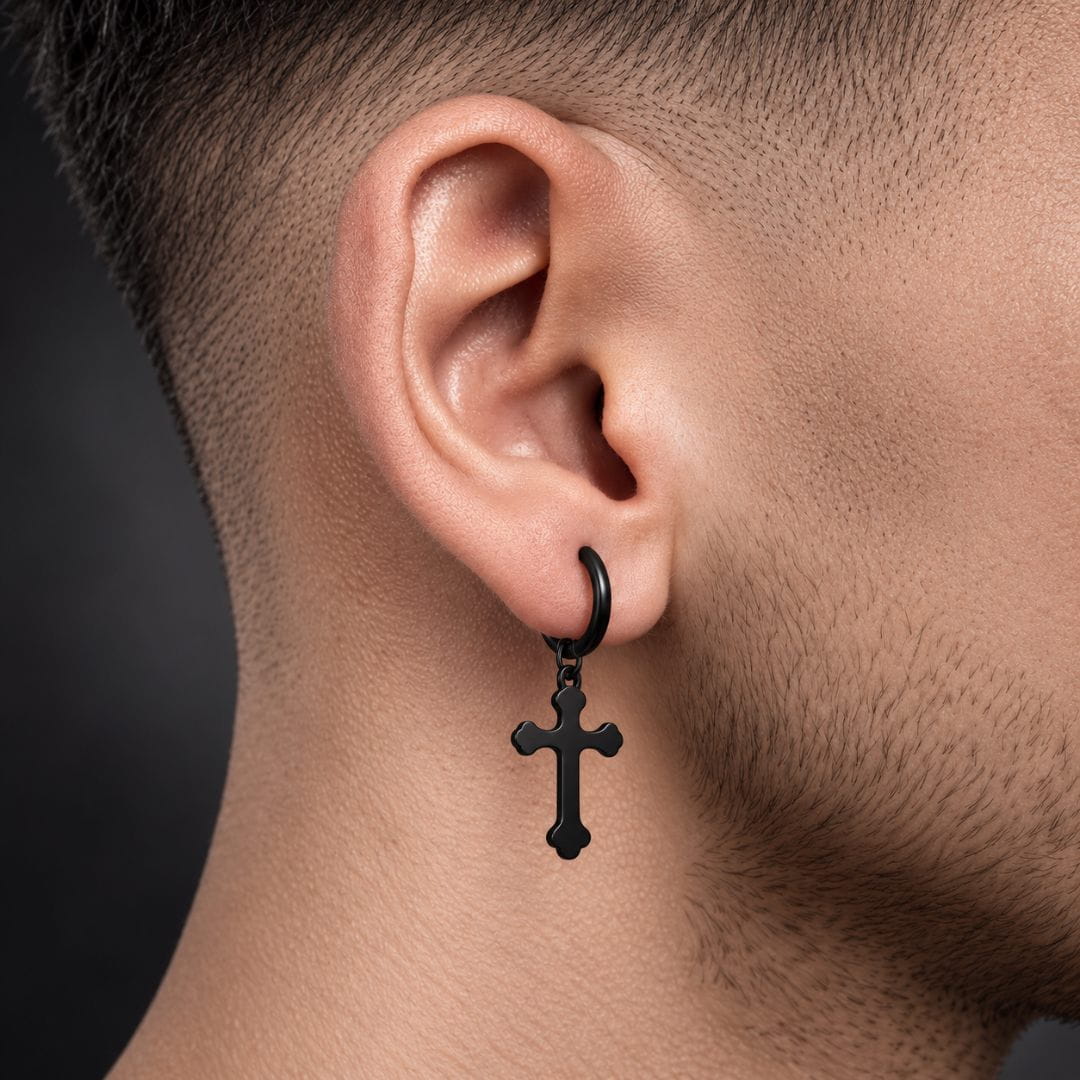 THE MEN THING Earring HEXED CRUCIFIX BLACK - Pure Titanium Steel Hoop Earrings for Men & Boys (2pcs)