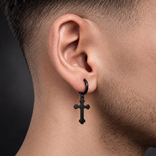 THE MEN THING Earring HEXED CRUCIFIX BLACK - Pure Titanium Steel Hoop Earrings for Men & Boys (2pcs)