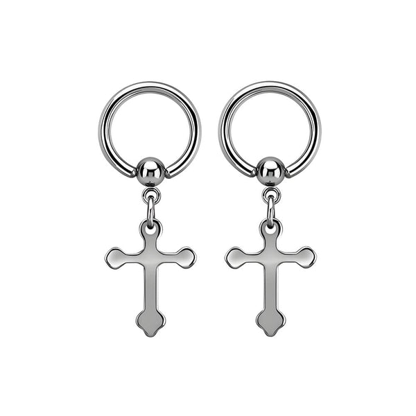 HEXED CRUCIFIX SILVER - Pure Titanium Steel Hoop Earrings for Men & Boys (2pcs)