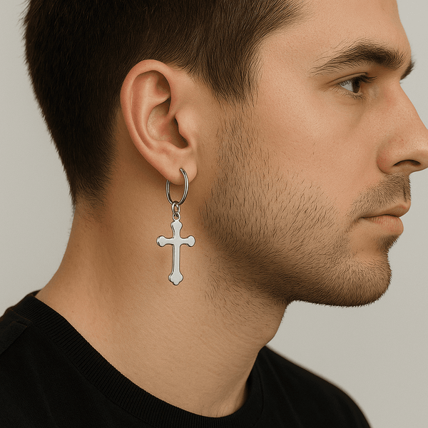 HEXED CRUCIFIX SILVER - Pure Titanium Steel Hoop Earrings for Men & Boys (2pcs)