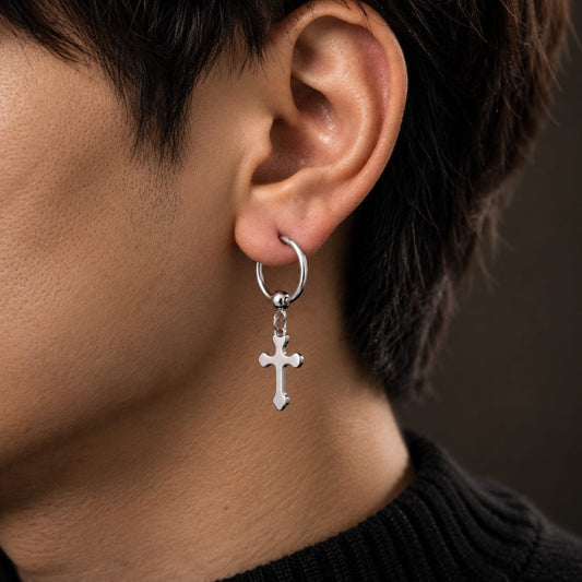 THE MEN THING Earring HEXED CRUCIFIX SILVER - Pure Titanium Steel Hoop Earrings for Men & Boys (2pcs)