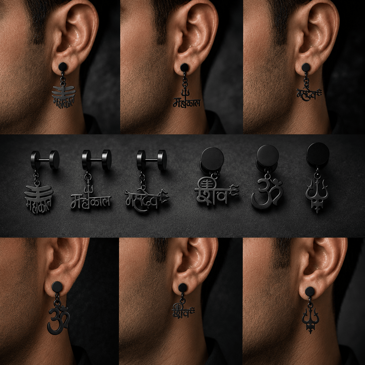 THE MEN THING Earring MAHADEV EARRINGS COLLECTION – Stainless Steel Earrings for Men & Boys (6 Pairs of Earrings)