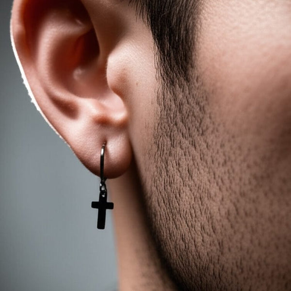 NOCTURNE CROSS BLACK - Pure Titanium Steel Hoop Earrings for Men & Boys (2pcs)