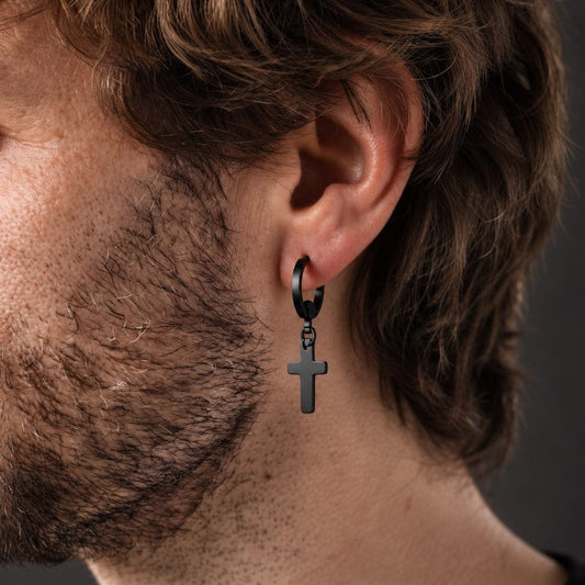 THE MEN THING Earring NOCTURNE CROSS BLACK - Pure Titanium Steel Hoop Earrings for Men & Boys (2pcs)